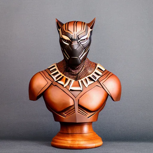 Prompt: a real - world sculpture bust of the black panther marvel character, made of highly polished walnut wood, polished, cedar, polished tiger - wood. photograph, photographic, 3 5 mm