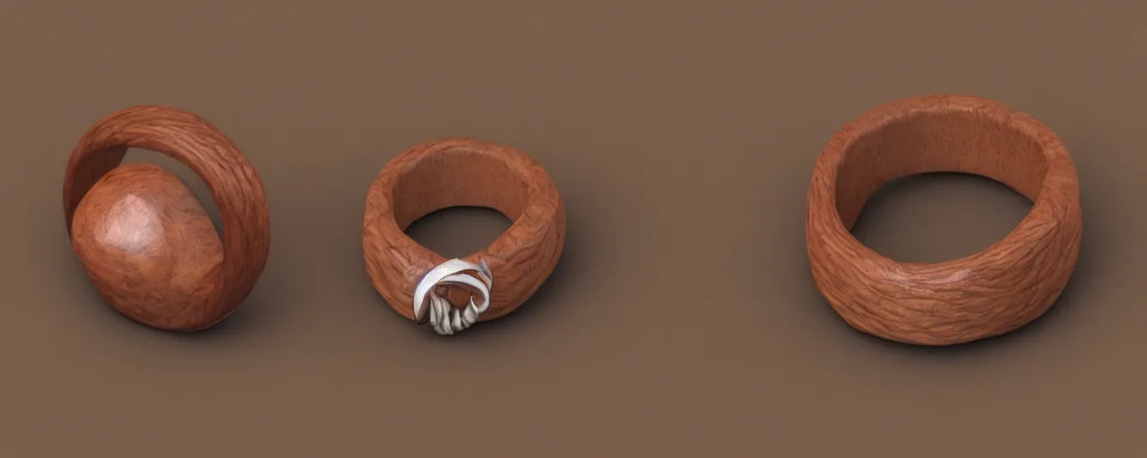 Image similar to simple wooden ring with a leather ornament, ring, wood, leather, smooth shank, engravings, product design, jewelry, art by gerald brom, greg rutkowski and artgerm and james jean and zdzisław beksinski, 8 k, unreal engine, c 4 d