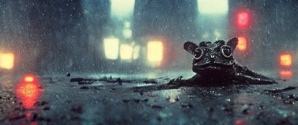 Image similar to Close up of a happy Lepidobatrachus laevis facing the camera in a still from the movie Blade Runner (1982), high quality, rain, rain drops, cold neon lighting, 4k, night, award winning photo, beautiful