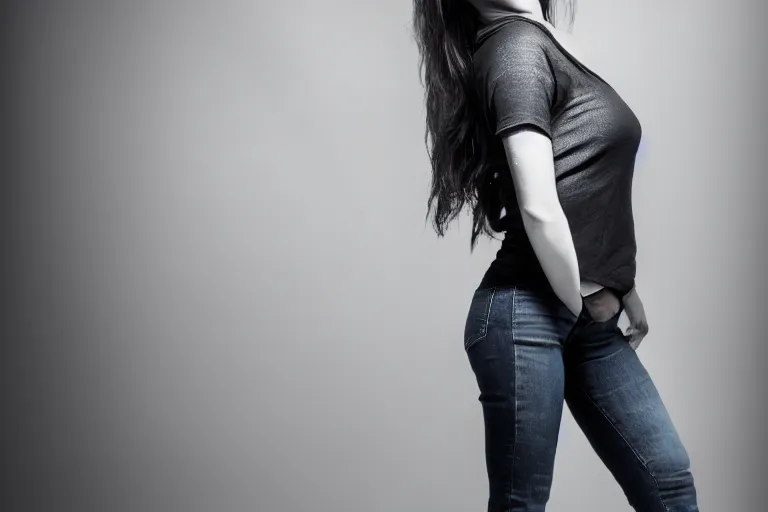 Image similar to still photo of a very beautiful woman wearing jeans and top, black and white color aesthetic, highly detailed, photorealistic portrait, bright studio setting, studio lighting, crisp quality and light reflections, unreal engine 5 quality render