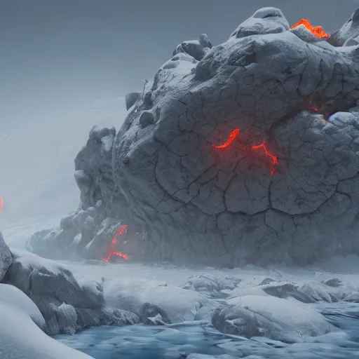 Prompt: a lava man on a snowy biome, heatwave, fantasy, hyper realism, behance, artstation, unreal engine 5, octane, deviantart