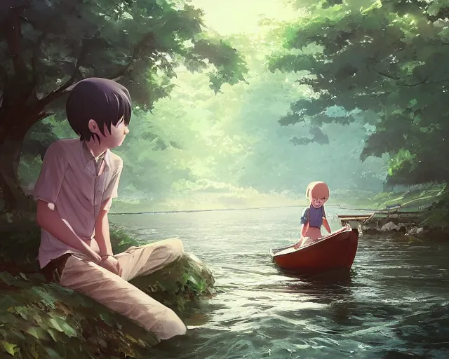 Prompt: a boy and a girl sitting together in a boat on a streams. Trees. By Makoto Shinkai, Stanley Artgerm Lau, WLOP, Rossdraws, James Jean, Andrei Riabovitchev, Marc Simonetti, krenz cushart, Sakimichan, trending on ArtStation, digital art.