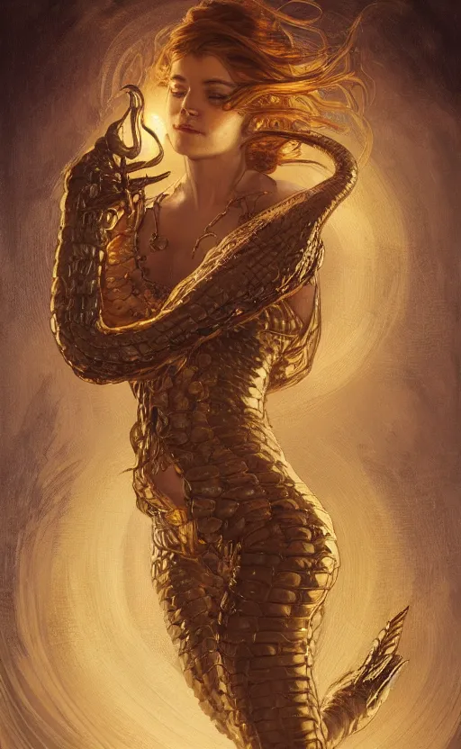 Prompt: masterpiece of mischevious snake tamer, cinematic, powerful, moon beams dramatic light, highly, intricate gold elements, hollow souls, detailed, digital painting, artstation, concept art, sharp focus, illustration, art by artgerm and greg rutkowski and alphonse mucha, rembrandt