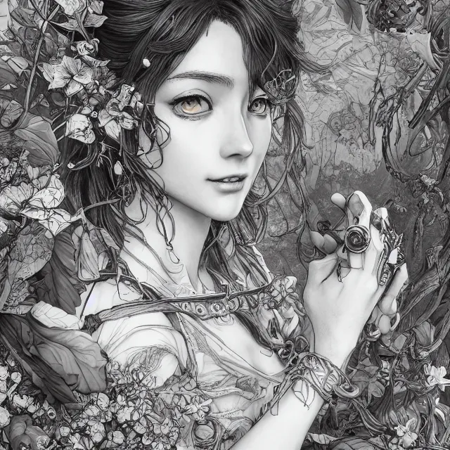 Image similar to the portrait of chaotic good female druid botanist as absurdly beautiful, gorgeous, elegant, young gravure idol, an ultrafine hyperdetailed illustration by kim jung gi, irakli nadar, intricate linework, bright colors, octopath traveler, final fantasy, unreal engine 5 highly rendered, global illumination, radiant light, detailed and intricate environment