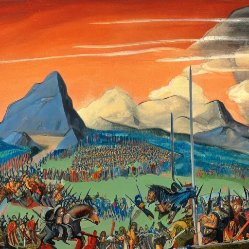 Image similar to colorful simple wideshot of a medieval battle in front of a beautiful blue mountainscape, painting