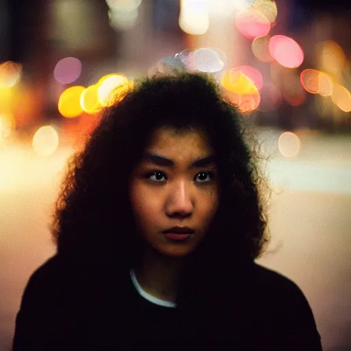 Prompt: a close-up of a gorgeous woman’s face looking at the camera with a mix of desperation and awe, soft blurred city background, captured in low light and sharp focus, cinestill 800t