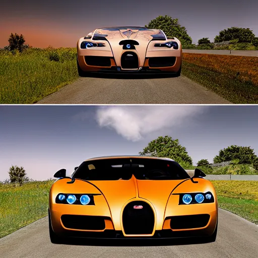 Image similar to super realistic supercar brown bugatti on a road, 4k, 8k, hdr, full hd, high quality textures, high quality shadows, high quality lightning, intense world lightning, HDR, global illumination, post processed, hyperrealistic, photorealistic, photo realistic, realistic, detailed sky