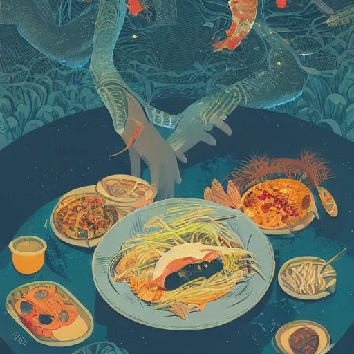 Image similar to illustration of the best meal, by Victo Ngai and James Gilleard and Bruce Pennington