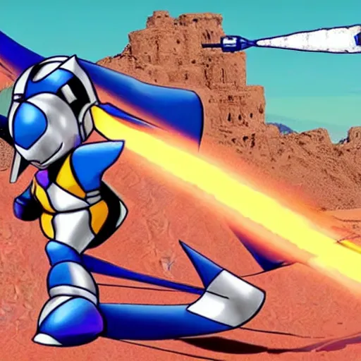 Prompt: a still of from the movie lawrence of arabia crossover with the game mega man x