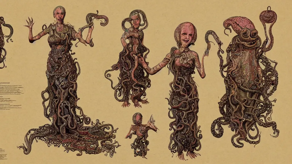 Image similar to aged paper, colorful character sheet for a stocky alien extraterrestrial female servant maid with thick snake - like tentacles instead of hair, long dress with apron, ernst haeckel, coherent, illustration, digital art, trending on artstation, hd, 8 k, good lighting, beautiful, rough paper, masterpiece