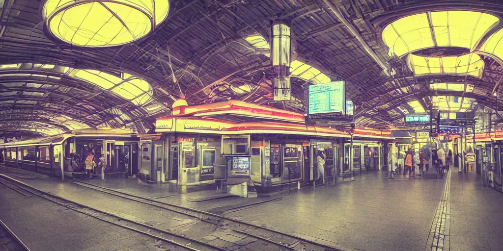 Prompt: train station in space, nostalgic atmosphere, photo, neon lights