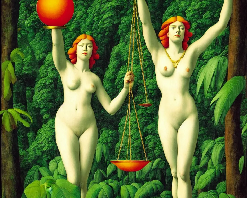 Prompt: an achingly beautiful print of lady justice in the rainforest by Raphael, Hopper, and Rene Magritte. detailed, romantic, enchanting, trending on artstation.