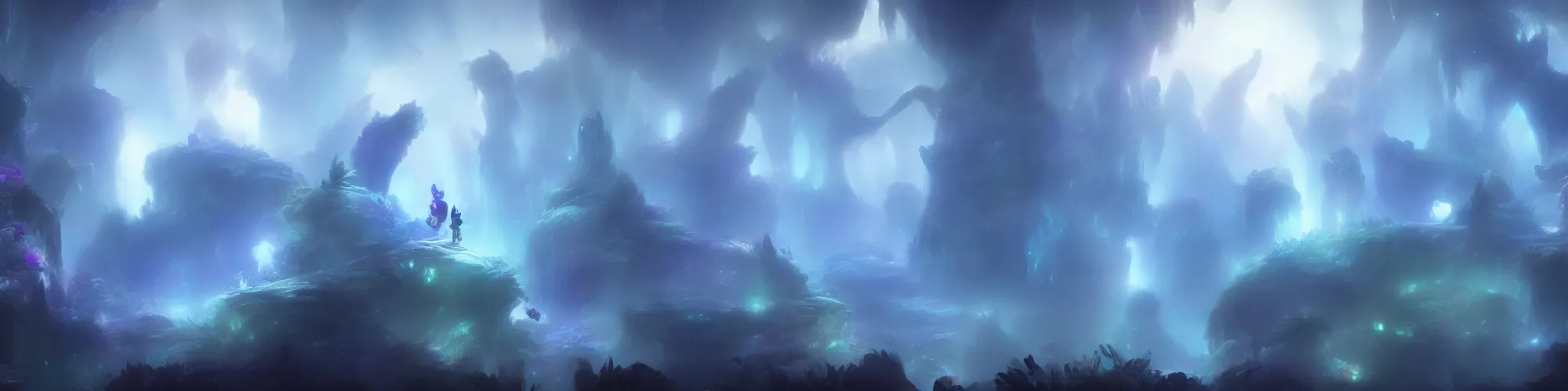 Prompt: huge crystal cave with cinematic lighting in the style of ori and the blind forest, highly detailed, digital art 4k, 8k