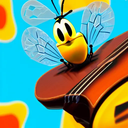 Prompt: a disney cartoon of a bee from Pixar with eyes that reflect a blue electric guitar, a background of orange hexagons filled with colored lights