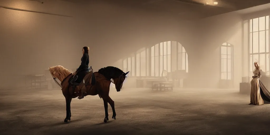 Prompt: an icelandic woman riding 2 1 savage in a warehouse in brooklyn new york in the style of thomas cole, cinematic lighting, raytracing, 8 k, octane render, volumetric, vivid, beautiful, hyperrealism