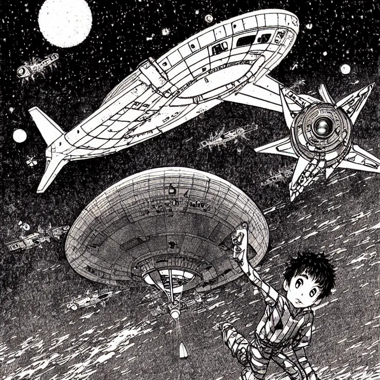 Prompt: cursed illustration of starship landing on starport, manga style of kentaro miura, by norman rockwell, weirdcore