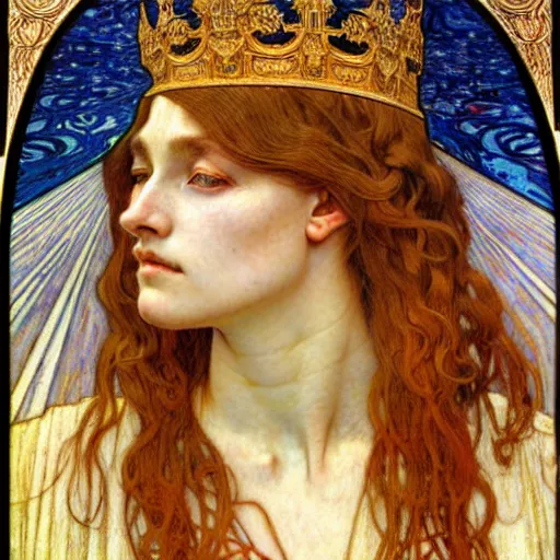 Image similar to detailed realistic beautiful young medieval queen face portrait by jean delville, alphonse mucha, vincent van gogh, and marco mazzoni, art nouveau, symbolist, visionary, gothic, pre - raphaelite