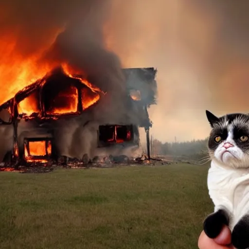 Prompt: <photo hd attention-grabbing>grumpy cat looks into the camera knowingly as a house burns in the background - inspired by disaster girl</photo>