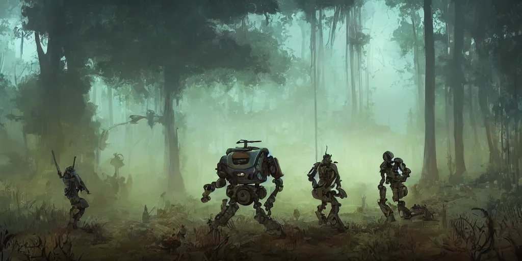 Image similar to guerrillas reed - people fighting robot in futuristic spiritual mystical post apocalyptic swampy forest drawn by ron gilbert, dim painterly volumetric aquatic lighting, scenic, beautiful, crisp, artstation, highly detailed