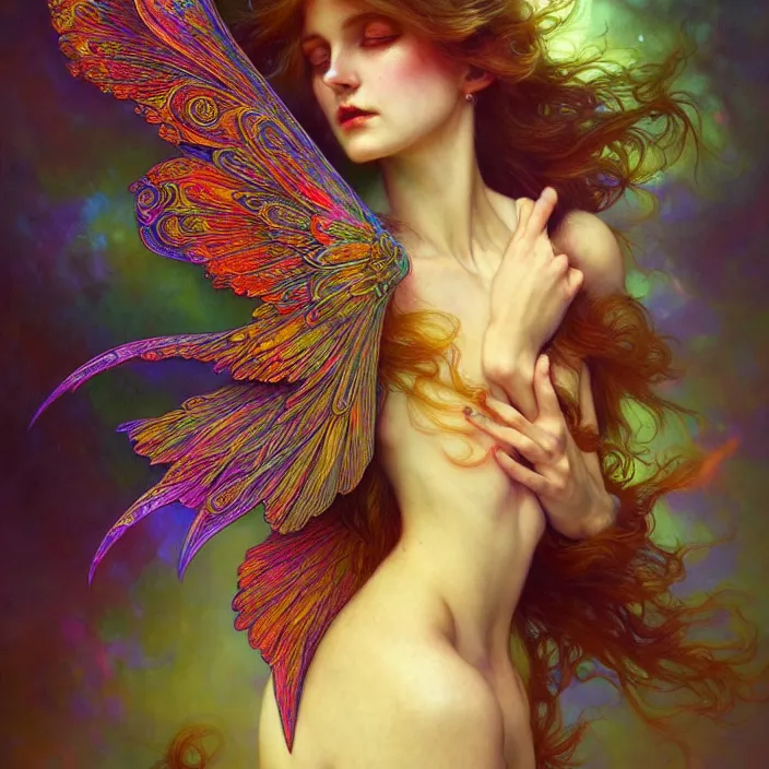 Prompt: psychedelic wings, diffuse lighting, fantasy, intricate, elegant, highly detailed, lifelike, photorealistic, digital painting, artstation, illustration, concept art, smooth, sharp focus, art by John Collier and Albert Aublet and Krenz Cushart and Artem Demura and Alphonse Mucha