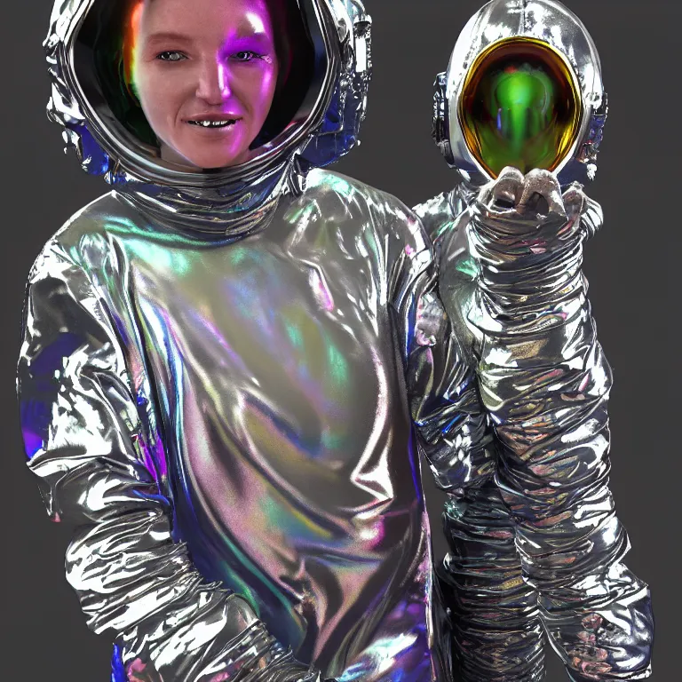 Image similar to octane render portrait by wayne barlow and carlo crivelli and glenn fabry, subject is a woman covered in tie - dye aluminum foil space suit with a iridescent metallic space helmet, inside a dark gothic rococo palace, cinema 4 d, ray traced lighting, very short depth of field, bokeh