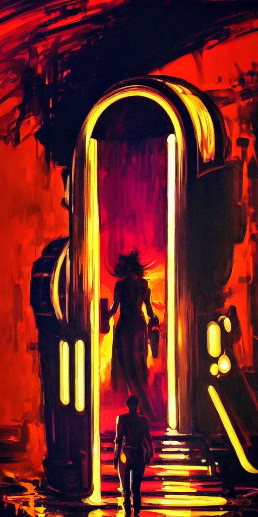 Image similar to a beautiful painting of a person walking out of a stargate by syd mead 8 k particulate neon light film grain