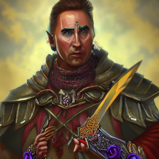 Image similar to elf warrior with the face of nick cage, d & d style, trending on artstation, colorful, intricate, art by kev chan