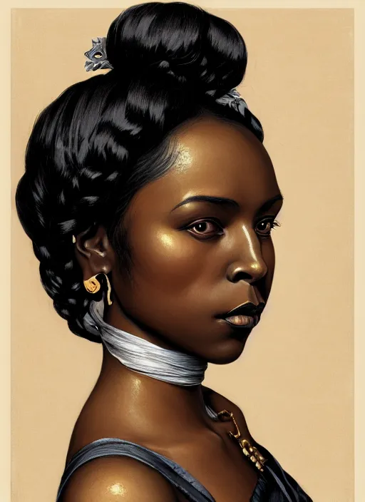 Image similar to 3 / 4 view of a portrait of a black woman in victorian clothing, confident pose, intricate, elegant, sharp focus, illustration, highly detailed, concept art, matte, trending on artstation, anime, art by james jean and artgerm and brian despain and alberto mielgo, greg rutkowski, wlop, ilya kuvshinov, strong strokes