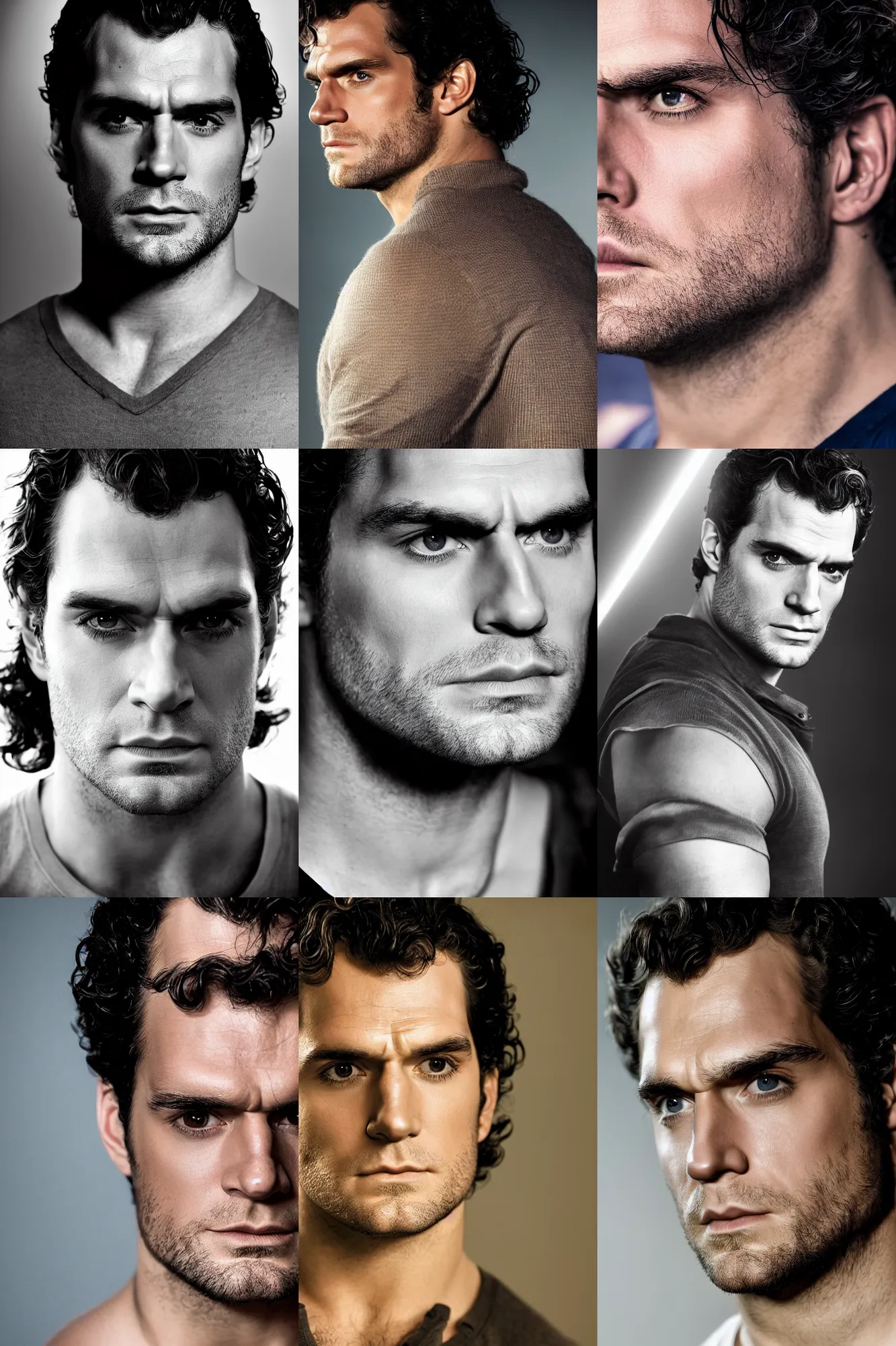 Prompt: dramatic lighting, a close - up studio photographic portrait of henry cavill