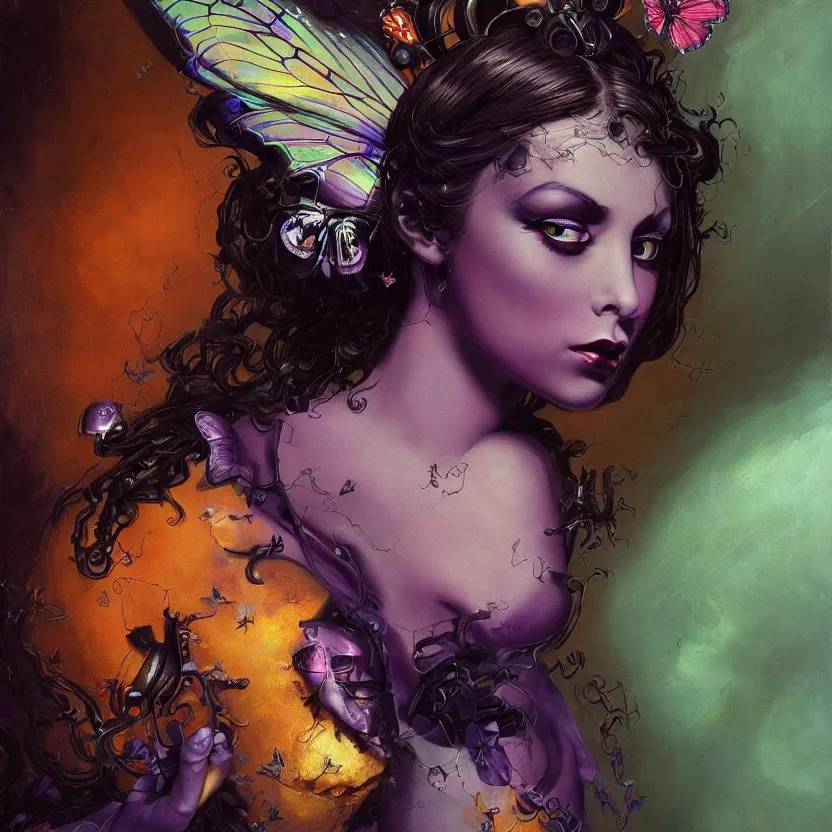 Prompt: baroque neoclassicist close - up portrait of a dark retrofuturistic alien butterfly fairy goddess gazing intensely with big eyes. dark purple and orange light. iridescent and reflective textures. highly detailed science fiction painting by norman rockwell, frank frazetta, and syd mead. rich colors, high contrast, gloomy atmosphere. trending on artstation and behance.