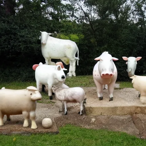 Prompt: statues of a pig, a cow, a horse, a chicken and a sheep