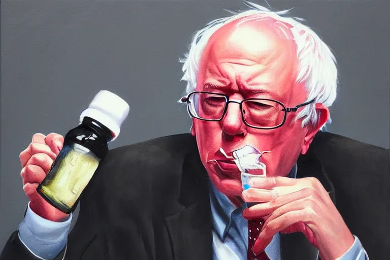 Image similar to Bernie Sanders as crunk rapper, drinking cough syrup, oil on canvas, artstation, portrait, masterpiece, aesthetic