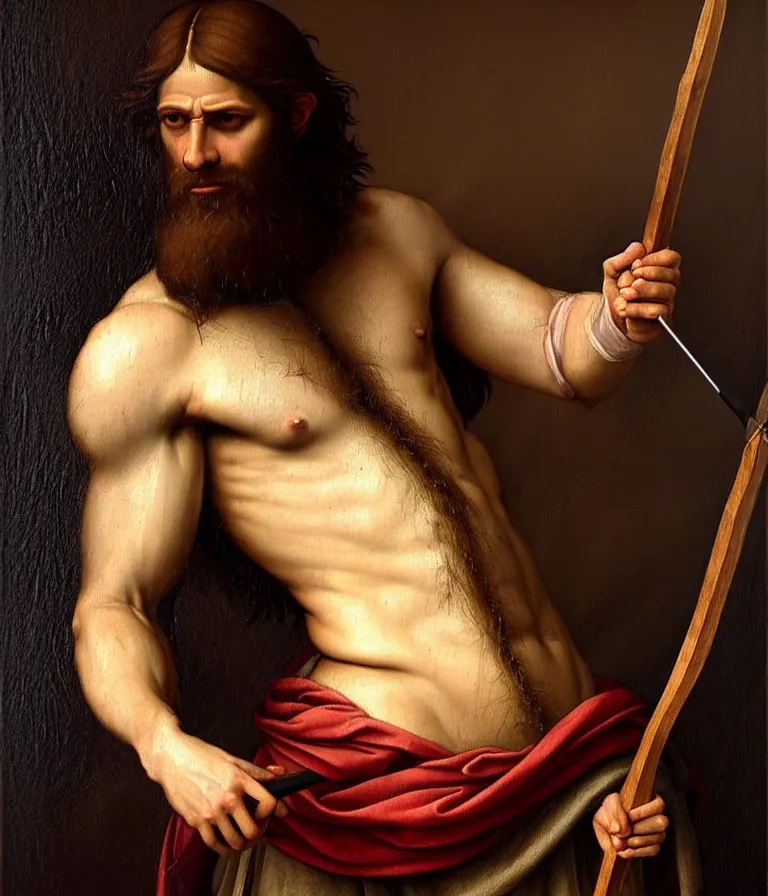 Image similar to renaissance painting full body portrait of a gruff ranger with a spear, lean and toned, handsome face, hairy chest and hairy body, D&D, intricate, elegant, highly detailed, digital painting, artstation, concept art, matte, sharp focus, chiaroscuro, well list, illustration, art by da Vinci, Artgerm and Greg Rutkowski and Alphonse Mucha