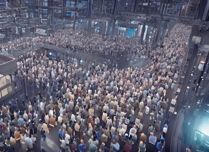 Prompt: huge crowd of small working citizens connected to a large single billionaire via catheters, DSLR 85mm, by Aleksandr Deyneka and Andrei Popov, Unreal Engine 5, Lumen, Nanite