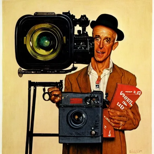 Image similar to norman rockwell painting of a man holding a large television - video - camera