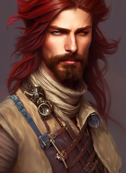 Image similar to 3/4 headshot of male airship pirate, D&D, handsome, fantasy, intricate, long hair, airship, steampunk, red hair, elegant, highly detailed, digital painting, artstation, concept art, smooth, sharp focus, illustration, art by artgerm and greg rutkowski and alphonse mucha