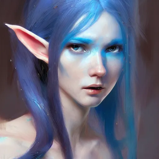 Prompt: beautiful elf woman, long blue hair, very beautiful features,, painting by alphonse muca, greg ruthowski, craig mullins, ruan jia, wlop, very beautiful and detailed, artstation, high quality