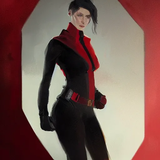 Image similar to portrait of a woman by greg rutkowski, she looks like elizabeth debicki, pale skin with black hair, she is wearing a red and black kevlar gear with a cape, highly detailed portrait, digital painting, artstation, concept art, smooth, sharp foccus ilustration, artstation hq