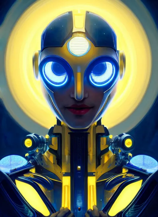 Image similar to symmetry portrait of a robot grinning, sci - fi, tech wear, blue and yellow glowing lights, intricate, elegant, highly detailed, digital painting, artstation, concept art, smooth, sharp focus, illustration, art by artgerm and greg rutkowski and alphonse mucha