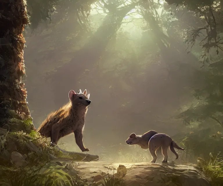 Image similar to a beautiful painting of a cute brown hyena and a gray otter in a forest. disney character design by cory loftis, fenghua zhong, ryohei hase, ismail inceoglu and ruan jia. artstation, volumetric light, detailed, photorealistic, rendered in octane