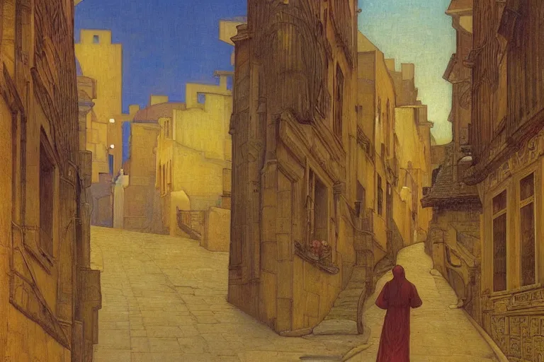 Prompt: winding street in a very old city by Annie Swynnerton and Nicholas Roerich and jean delville, glowing paper lanterns, strong dramatic cinematic lighting , ornate tiled architecture, lost civilizations, smooth, sharp focus, extremely detailed