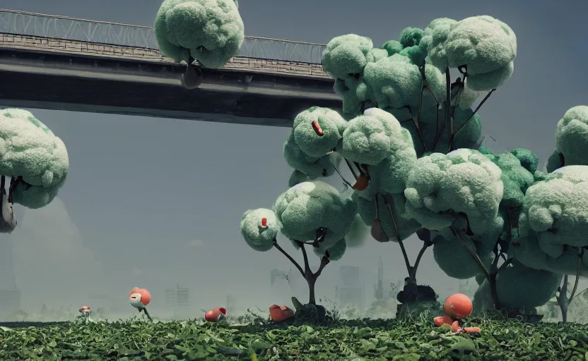 Prompt: a big bridge collapses after explosions in the form of cotton plants, 3 d octane render, epic lighting, 8 k, by goro fujita