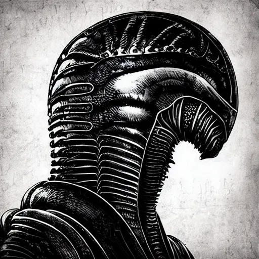 Prompt: “H.r giger xenomorph imperial roman sci fi helmet, digital art”