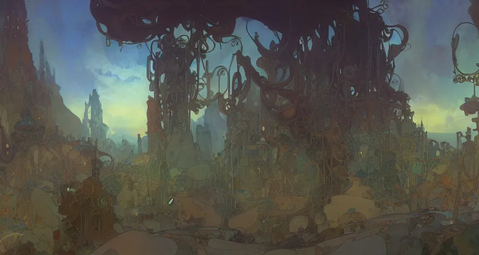 Image similar to A beautiful landscape painting of steampunk landscape by Alfons Maria Mucha and Julie Dillon and Makoto Shinkai