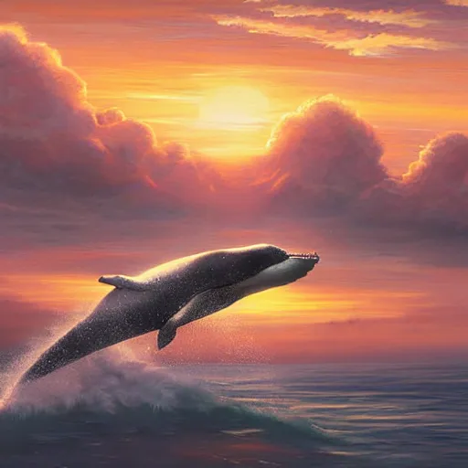 Prompt: illustration of a whale in the sky during sunset, realistic painting, classical painting, high definition, digital art, matte painting, very detailed, realistic