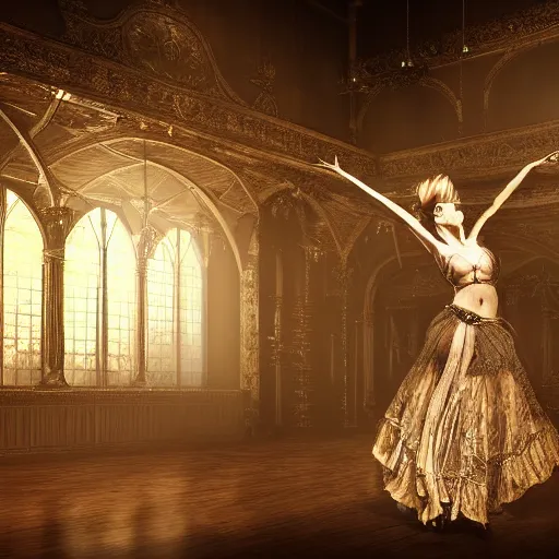 Image similar to digital matte painting of a woman dancing alone in a dark gothic style ballroom, dark dramatic mysterious luis royo, wlop 8 0 mm camera, high detail, hd 8 k