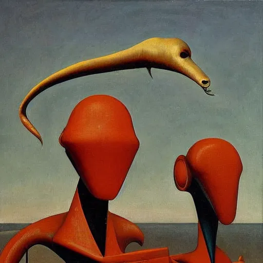 Image similar to An oil painting of a strange alien creature by Max Ernst and Giorgio de Chirico, trending on artstation