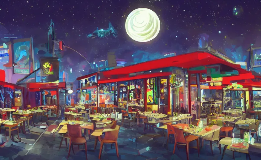 Prompt: a hyper creative and vivid painting of the restaurant at the end of the universe. trending on artstation