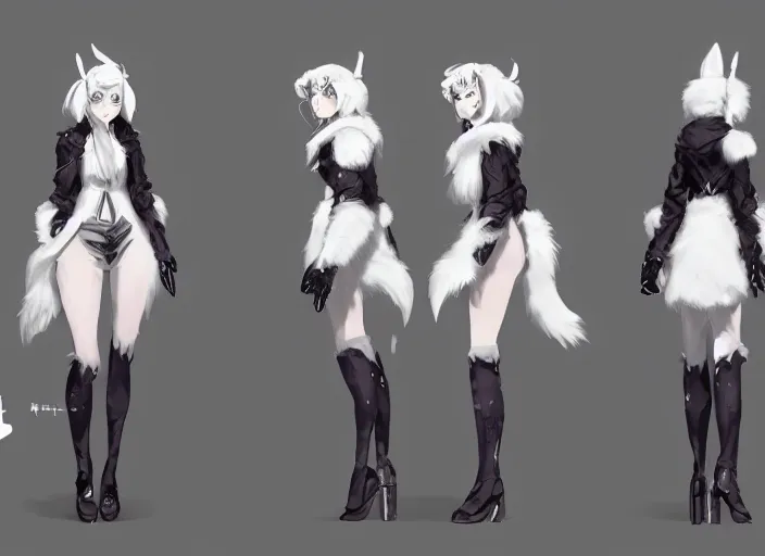 Image similar to character sheet for a beautiful and cute girl with a long white fur coat for genshin impact by greg rutkowski, black to light white fade hair, genshin impact style, ghibli, fashion design, overwatch style, sorcerer magic witch, digital art, trending on artstation, hd, 8 k, highly detailed, good lighting, beautiful, masterpiece