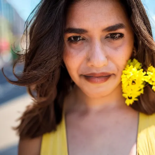 Prompt: close up portrait of a beautiful, attractive brown hair woman, wearing a yellow sundress, in downtown Los Angeles
